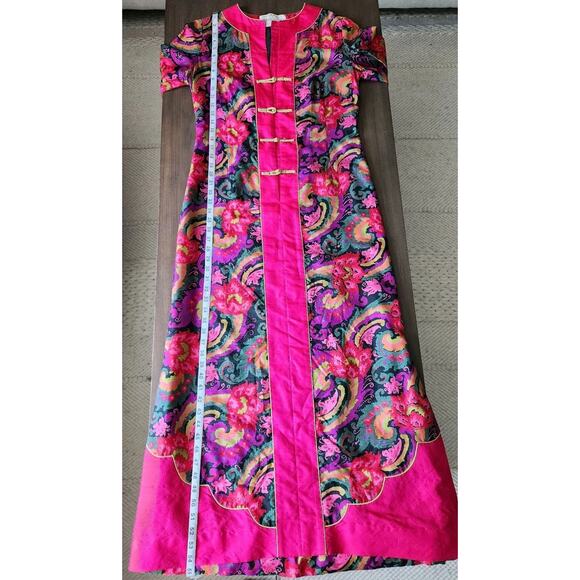 Vintage 60s Doreen Lok Floral Silk Kaftan Asian Dress READ FLAWS - Picture 9 of 13